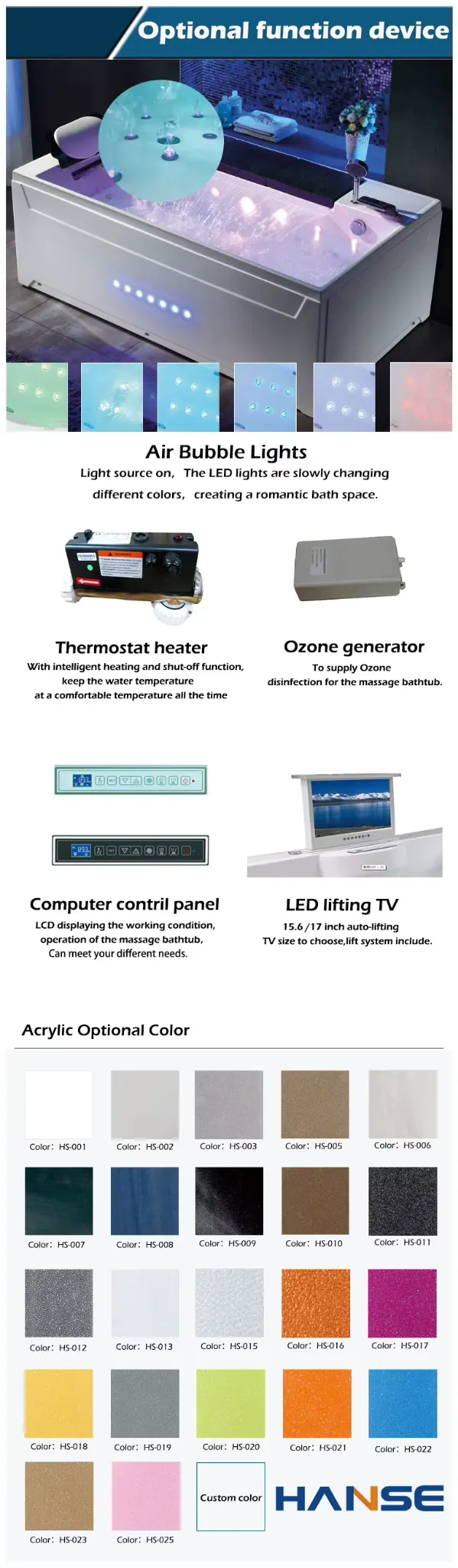 Optional bath functions and LED lighting